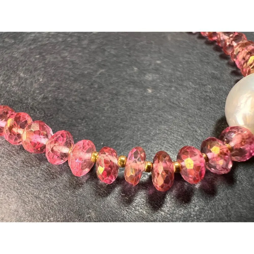 Gold Filled Necklace with Baroque Pearl and Pink Faceted Gemstone Beads